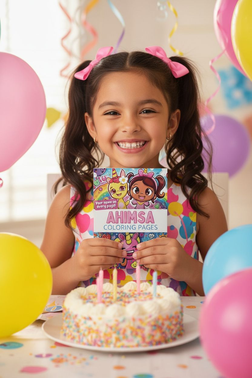 Ahimsa coloring book in use