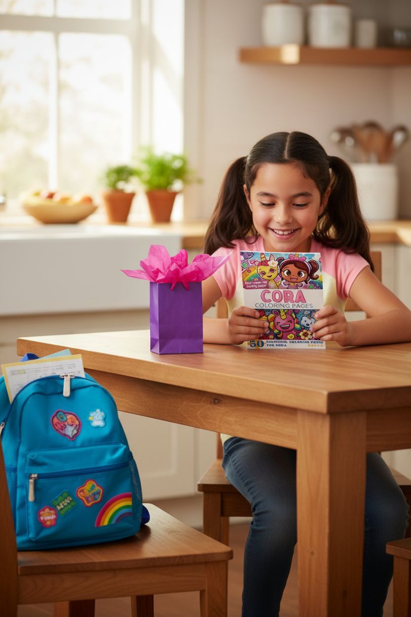 Cora coloring book in use